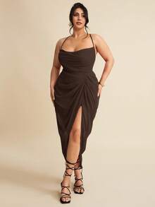SHEIN BAE Plus Size Women's Summer Textured Sexy Split Thigh Formal Dress,Summer Dresses For Women,Wedding Guest Dress Women - Brown - View 4