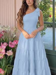 SHEIN MOD Đầm nữ màu trơn, viền bèo nhún, kiểu dáng thanh lịch, lệch vai. - Màu xanh lam - Xem 5