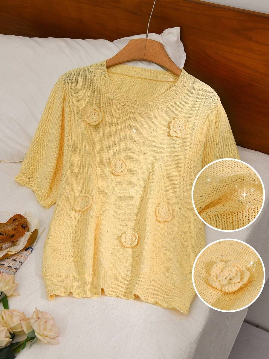 CosyJoli Áo len tay ngắn cỡ lớn đính sequin họa tiết hoa 3D, thích hợp cho mùa xuân/hè. - Màu vàng - Xem 1