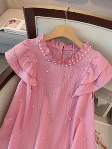 GlowEve CURVE Plus Size Women's Ruffled Collar Pearl Beaded Double-Layer Cap Sleeve Loose Dress, Textured Elegant Sweet Dress For Spring/Summer - Dusty Pink - View 5