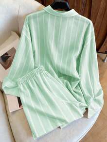 Resyla Bộ 2 món áo sơ mi và quần short dáng rộng phong cách vintage, thời trang đa năng. - Màu xanh Bạc hà - Xem 2