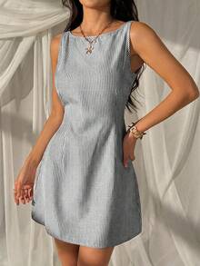 SHEIN EZwear 女士条纹编织系带时尚连衣裙，适合海滩度假 - 黑色 - 查看 3
