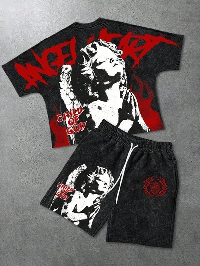 Manfinity EMRG 男士黑色水洗复古天使印花哥特街头风两件套，“上帝之子”图案T恤和短裤，适合音乐节、派对和夏季日常休闲穿着