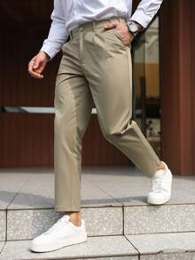 Manfinity Mode Pantaloni casual da uomo di colore unito con tasche, formali - Cachi - Visualizzare 8