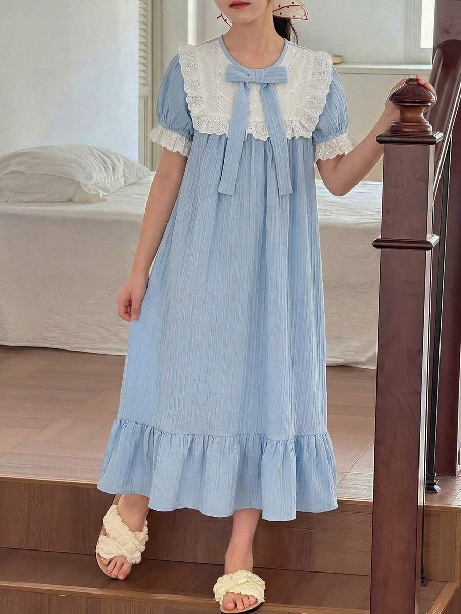 SHEIN Bộ đồ ngủ cho bé gái tuổi teen, tay phồng, chất liệu jacquard, kiểu áo ngủ mặc nhà. - Xanh và trắng - Xem 1