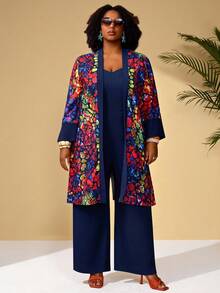 BrightlyHer Plus Size Women's Boho Floral Print Kimono Jacket & Navy Blue Jumpsuit With Pockets,2 Pieces Set For Autumn Vacation,Holiday & Early Spring Outfits - Multicolor - View 5