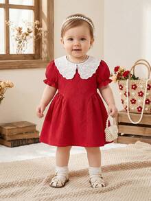 SHEIN Baby Girls' Ruffle Collar Puff Sleeve A-Line Dress Red And White Summer Cute Elegant Birthday Party Gown With Side Pleats Infant Fashion Photo Shoot - Red - View 7