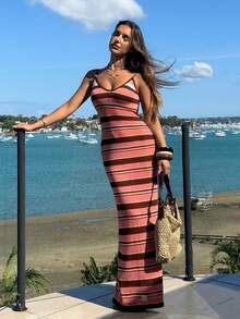 Aloruh 女士春夏新款针织钩编连衣裙，露背交叉条纹波西米亚风度假连衣裙，优雅女士连衣裙 - 咖啡棕 - 查看 6