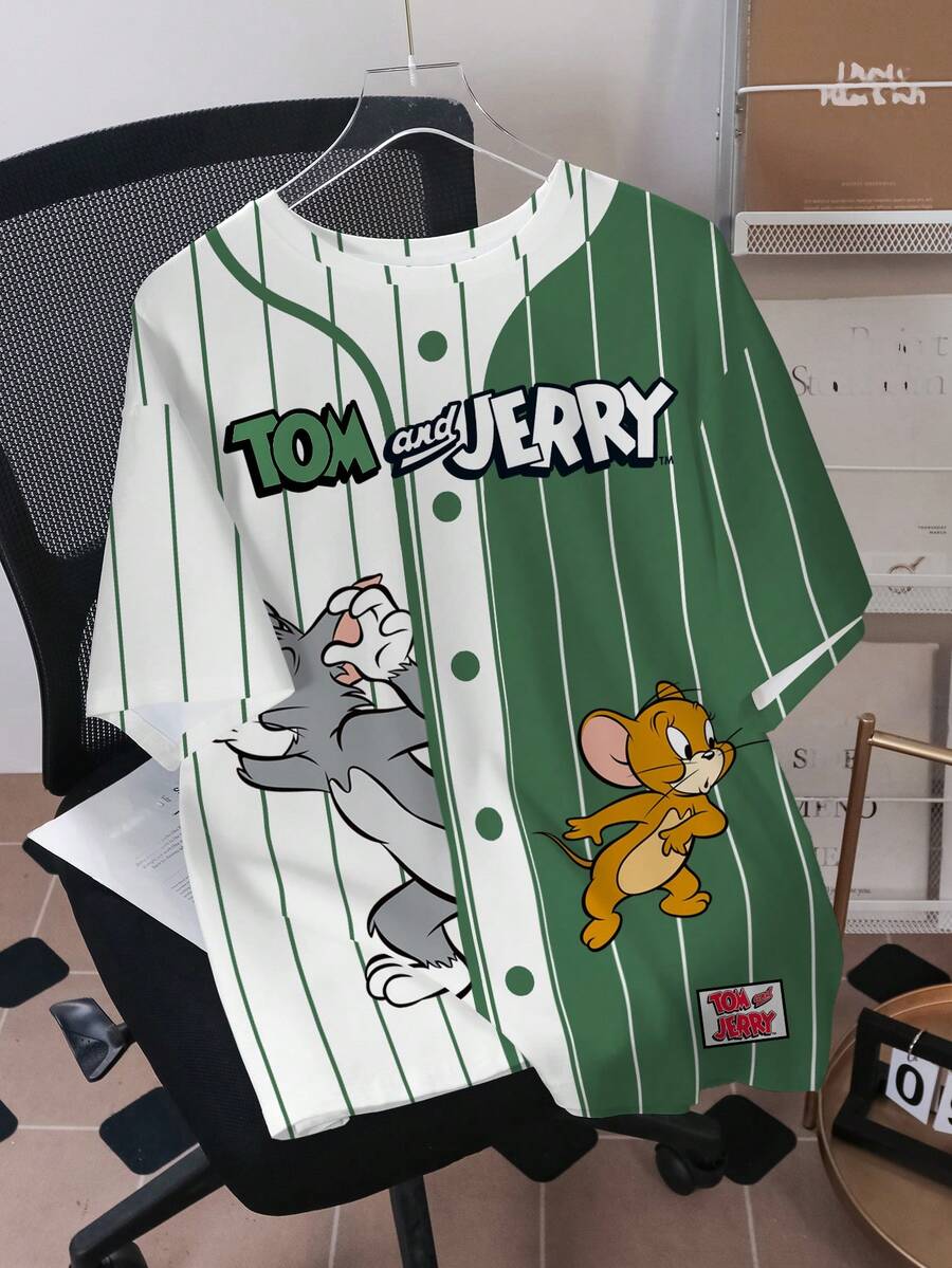 TOM & JERRY X SHEIN 男士卡通印花宽松休闲短袖T恤 - 白色 - 查看 1