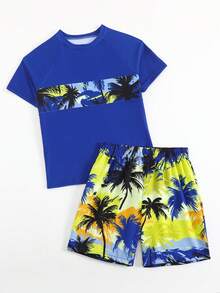 SHEIN Tween Boys Swimwear Set, Coconut Tree Print Short Sleeve Rash Guard Top Paired With Beach Shorts, Casual Sports Swimsuit For Summer - Multicolor - View 6