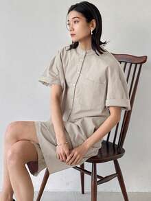 FRIFUL 女士休闲日常通勤简约纯色落肩宽松半扣连体裤，夏季 - 淺灰色 - 查看 5