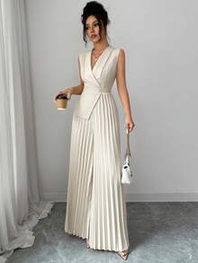 Elenzga 女士优雅杏色纯色翻领褶裥连体裤，领口和腰带设计，精致职业装，适合办公室、通勤、街头风、法式浪漫、休闲、中东复古、下午茶、派对、感恩节、返校季等场合，春夏新款时尚无袖宽松褶裥连体裤 - 杏色 - 查看 3