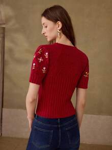 MOTF PREMIUM EMBROIDERED FLORAL KNIT FITTED PETAL SLEEVE KNIT TOP FOR WOMEN - Red - View 3