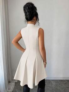Elenzga Elegant & Fashionable Versatile Solid Black V-Neck Sleeveless Cinched Waist A-Line Asymmetric Hem Tailcoat Women's Regular Jacket - Apricot - View 2