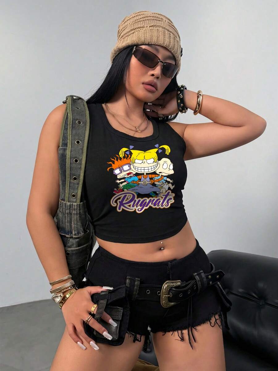 Nick 90s | SHEIN Plus Size Summer Street Cartoon & Letter Graphic Cropped Tank Top - Black - View 1