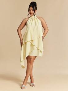 SHEIN BAE Plus Size Yellow Satin Halter Backless A-Line Dress,Elegant Wedding Guest Summer Outfit,Solid Color Asymmetrical Ruffle Peplum Formal Party Dress - Yellow - View 8