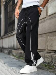Major Grit Plus Size Men's Casual Fashion Street Contrast Piping Drawstring Waist Long Pants, Suitable For Daily Commute - Black - View 3