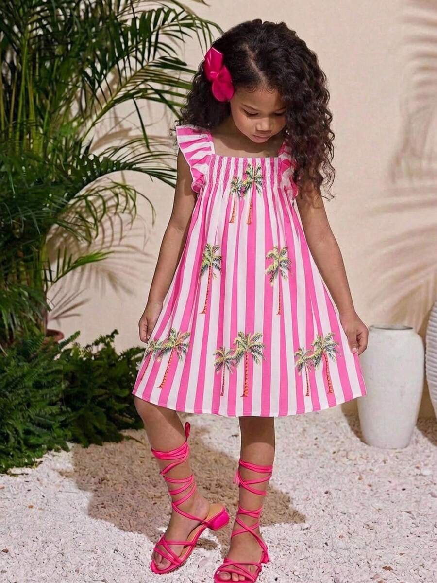 SHEIN Vestido casual de línea A holgado con volantes en el bajo, estampado de rayas tropicales, para niñas, para vacaciones, hogar, exterior, vuelta al colegio, primavera/verano - Rosa - Ver 1