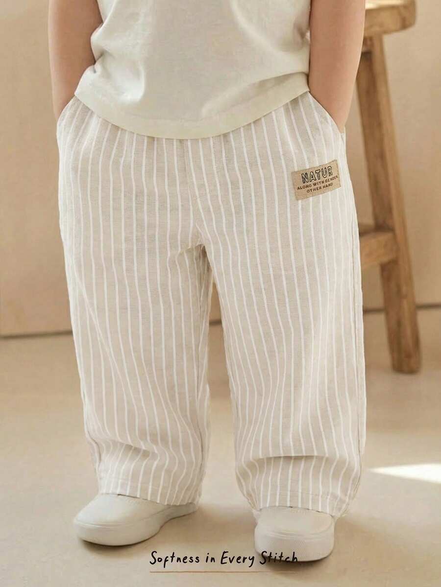 Cozy Pixies Baby Boy Letter & Striped Pocket Loose Casual Pants Baby Pants Linen Toddler Pants Baby Boy Pants Baby Stripe Pants Loose Pants,Kids - Apricot - View 1