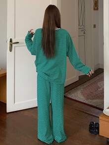 DAZY Dog Pattern Striped Loose Long Sleeve & Pants 2 Pieces Pajama Set For Women, Spring - Green - View 2
