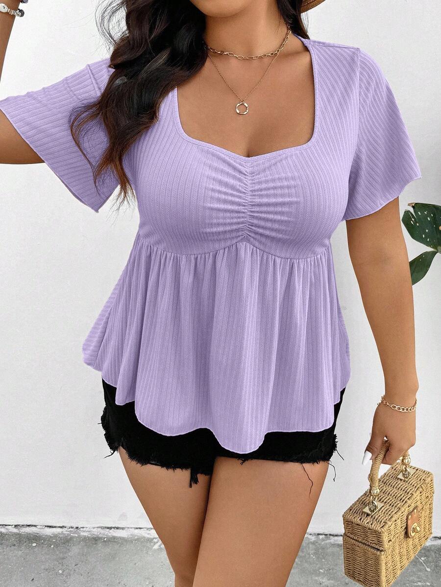SHEIN Frenchy Plus Size Women Solid Color Ruched Short Sleeve Ruffle Hem Boho/Bohemian Short Sleeve Top T-Shirt - Purple - View 1