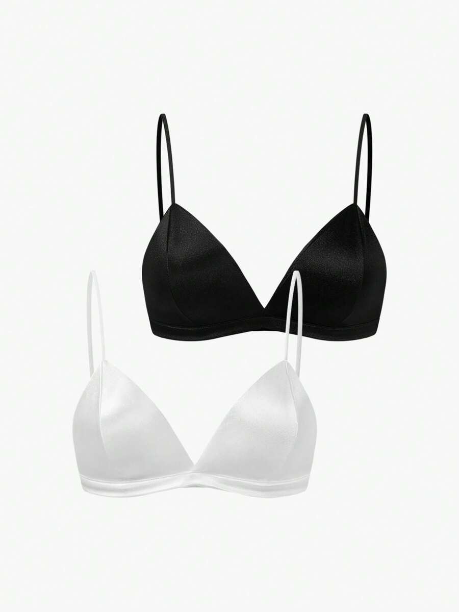 2 Packs Satin Triangle Bra Set Lingerie - Black and White - View 1