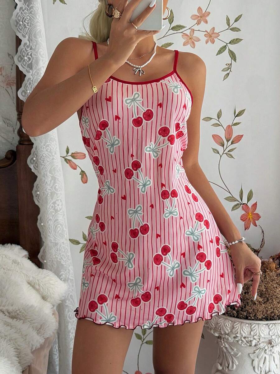 女士条纹樱桃心形印花吊带睡裙 - 彩色 - 查看 1
