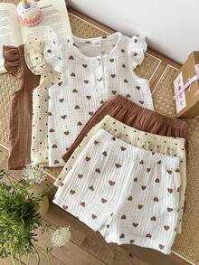 SHEIN 女婴6件套/3套。3个月-3岁夏季休闲简约风外出服，爱心印花和波点印花上衣和短裤。 - 彩色 - 查看 8