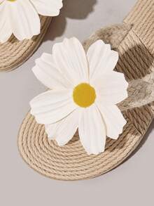 Styleloop Women's Flat Sandals, Summer Open-Toed Hemp Rope Woven Sandals, Rhinestone Shiny Bohemian Vacation Shoes, Roman Beach Sandals, Slippers Outside, Vacation Atmosphere, Summer Wear, Travel Essentials Summer Shoes - Khaki + White Sunflower - View 2