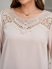 Miaspire Plus Size Elegant Patchwork Lace Blouse, Autumn New Year Clothes Elegant Dress Women  Stylish Clothing Collection Embellished Top Cream Blouse Crochet Tops For Women Blouses For Women Elegant Elegant Party Clothes For New Year  Clothes For Women   Lace Trim Top,Spring - Apricot - View 2