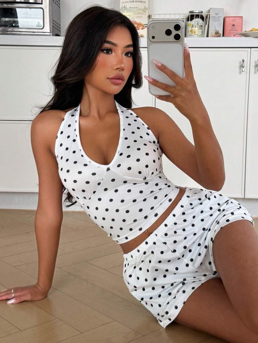 ZzzCrew Black Polka Dot Print Sexy Slim Fit Camisole And Shorts Women Pajama Set - White - View 1
