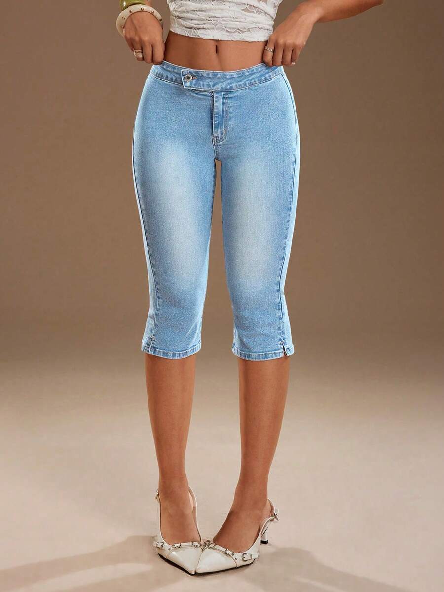 TRNVIE Women's Casual Washed Slim Fit Low Waist Jeans - Blue and White - View 1