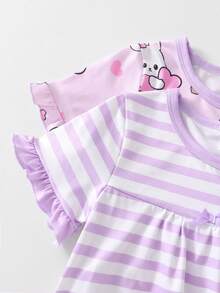 2件套幼儿女童卡通主题粉色条纹连衣裙，兔子和熊印花，荷叶边下摆，蝴蝶结装饰短袖睡裙 - 淡紫色 - 查看 6