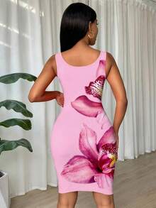 Eryvara Gaun Bodycon Tanpa Lengan Slim Fit Berlipit Motif Tie Dye untuk Pakaian Tahun Baru - Berwarna merah muda - View 2