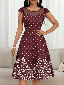 SHEIN Lady Spring And Summer Mesh Splicing Flying Sleeve Polka Dot Flower Print Holiday Dress - Burgundy - View 3
