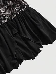 ROMWE Summer Y2K Rave Music Festival Outfit, Patchwork Sequin Asymmetrical Hem Mini Skirt - Black - View 10