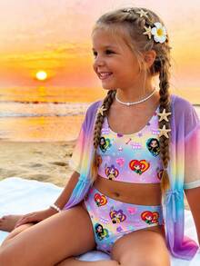 Young Girl Summer Fashion Beach Vacation Cute Cartoon Ombre Print Bikini 3-Piece Set With Drawstring Lightweight Coverup Bikinis For Kids Girls Beach Cover Ups Swimsuits For Kids Young Girl Swimsuit Beachwear For Kids - Multicolor - View 3