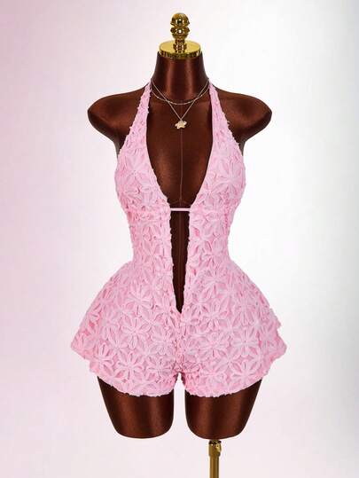 Amplova 女士浪漫纹理深V领低胸A字连体裤，适合夏季度假派对