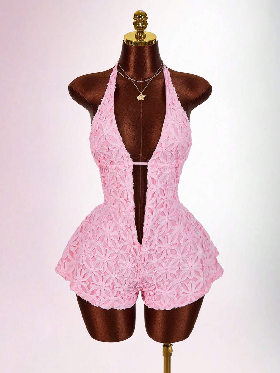 Amplova Bộ jumpsuit nữ lãng mạn, chất liệu dệt họa tiết, cổ chữ V sâu, dáng chữ A, thích hợp cho tiệc mùa hè ở khu nghỉ dưỡng. - Hồng - Xem 1