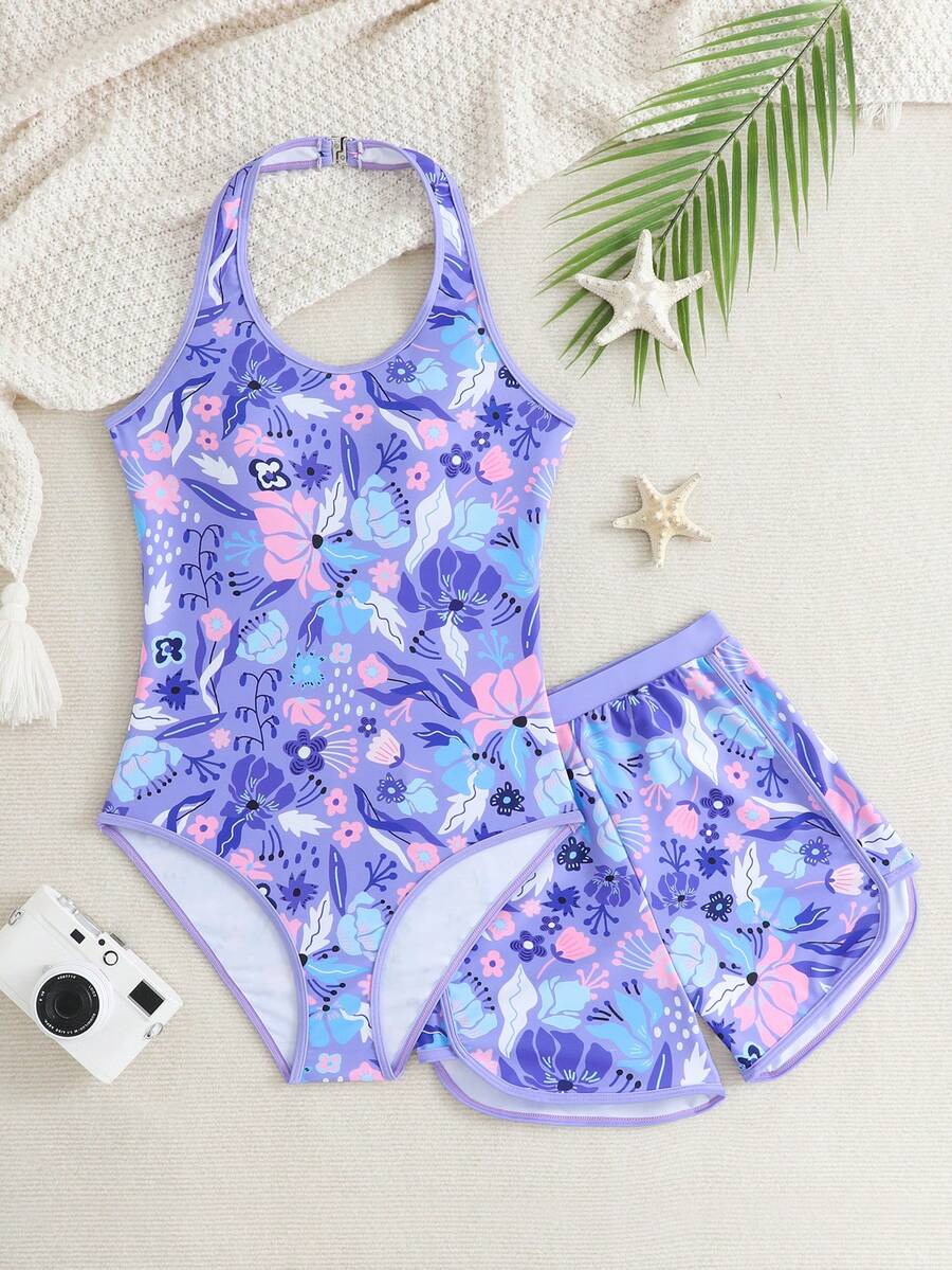 SHEIN 少女可爱紫色、白色波点、粉色花卉印花针织面料可调节领口连体泳衣和短裤，适合夏季海滩度假 - 紫色 - 查看 1