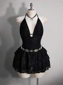 SHEIN ICON 大码女士蕾丝拼接露背系带性感约会之夜连衣裙 - 黑色 - 查看 6