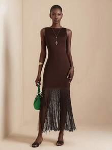 SHEIN Veneréa Women's Sleeveless Elegant Tassel Dress - Brown - View 4