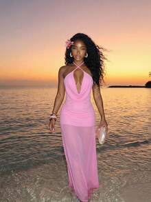Slaydiva Women's Elegant Soft Pink High-Slit Backless Long Dress,Summer Casual Beach Holiday Vacation Holiday Wedding Guest,Cottagecore Puffed Sleeve Vintage - Pink - View 6
