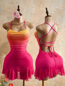Mistrie New Sexy Slim Fit Backless Strapless Gradient Suspender Dress Club Outfits For Women Dress Pool Party Outfit For Women,For Women Boho Style Sleeveless Knitted Fabric A Line With Ruffle Hem,Yk2 Hot Girl Style, Fashionable And Sexy For Vacation, Perfect For Beach Getaways. - Hot Pink - View 5