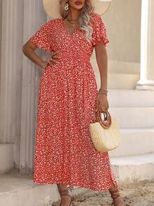 Ceyna Plus Size Women's Floral Print Batwing Sleeve Waist Shirred Short Dress Maxi Women Outfit Holiday Beach Holiday Red Floral Summer Boho - Red - View 7