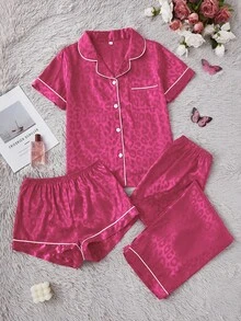 LuxeNights 女士优雅豹纹提花领短袖短裤长裤三件套睡衣套装，仿丝绸 - 玫紅色 - 查看 7