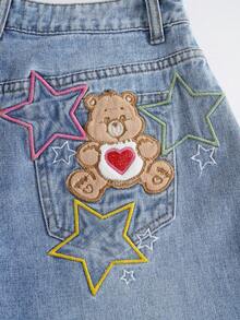 SHEIN X Care Bears 女士卡通熊刺绣口袋阔腿休闲牛仔裤 - 藍色 - 查看 3