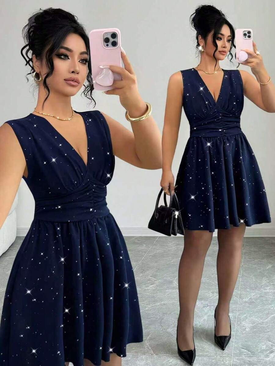 Elenzga Đầm chữ A không tay cổ chữ V phối kim loại, chất liệu mới, dành cho nữ cỡ lớn, kiểu dáng thường ngày, đa năng, phù hợp cho kỳ nghỉ và mặc hàng ngày, trẻ trung và thanh lịch, thiết kế ngắn. - Màu xanh hải quân - Xem 1