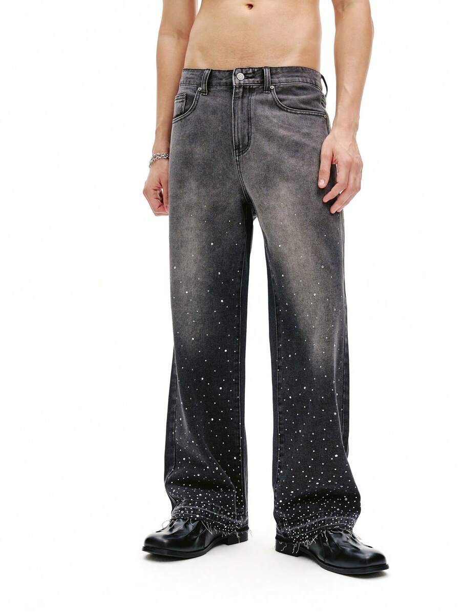 DSELFIQUE Quần ống rộng dáng suông phong cách đường phố Mỹ dành cho nam, chất liệu denim bạc màu, đính đá lấp lánh, món quà Giáng sinh hoàn hảo cho bạn trai và chồng. Quần jeans nam màu xám dáng rộng đính đá. - màu đen - Xem 1