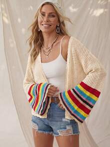 Wildy Áo khoác cardigan dệt kim sọc rỗng kiểu miền Tây nước Mỹ, trang phục cơ bản mùa hè cho nữ mặc hàng ngày, tay áo loe rộng rãi. - Nhiều màu - Xem 5